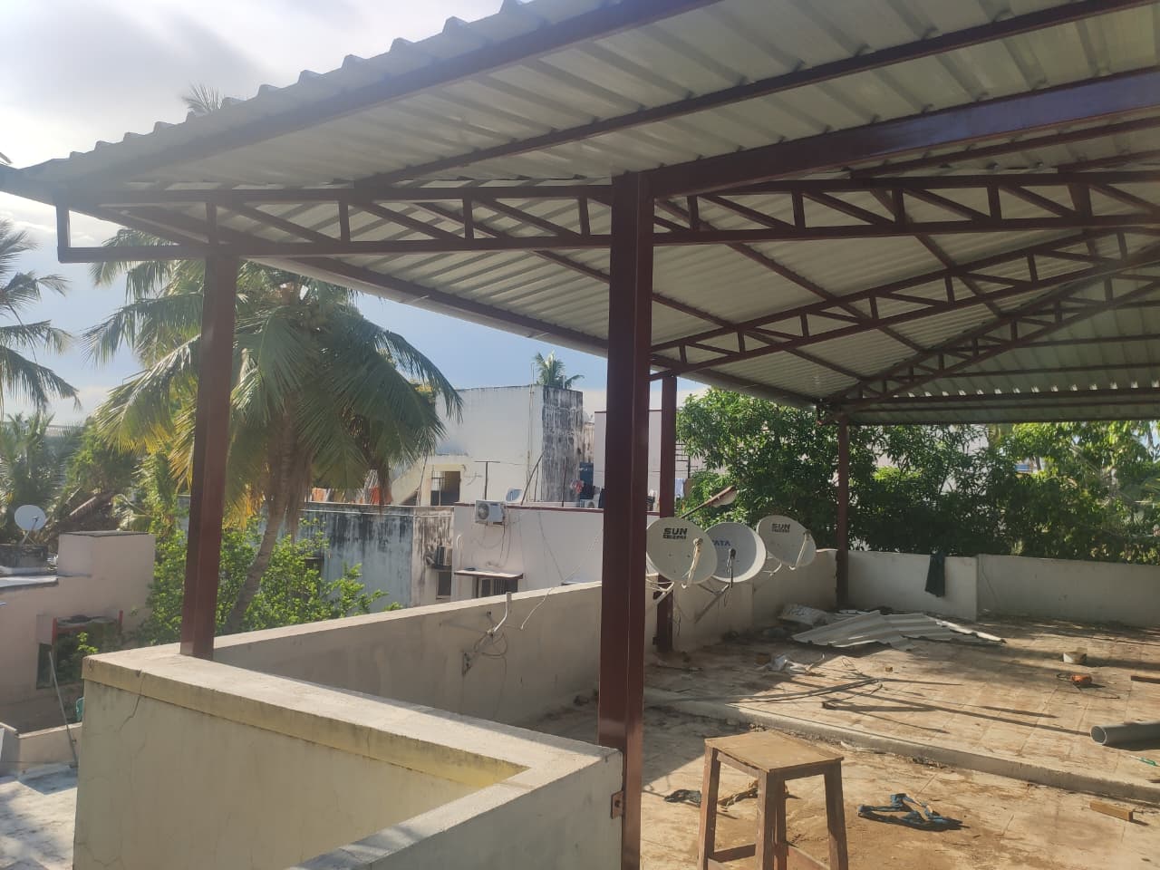 Finished steel canopy on a rooftop terrace, alternate view